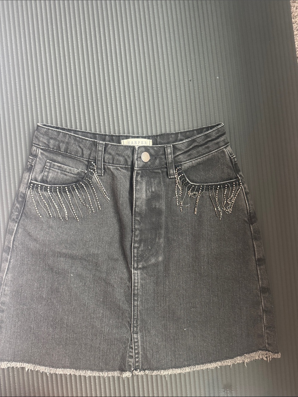 Franchesca’s Harper Heritage Black Denim Skirt with Rhinestone Fringe Detailing